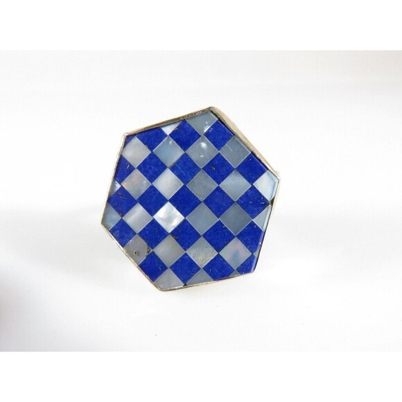 Hexagon Mother of Pearl Lapis Lazuli Inlaid Sterling Statement Ring Size 6.25 - Picture 2 of 10